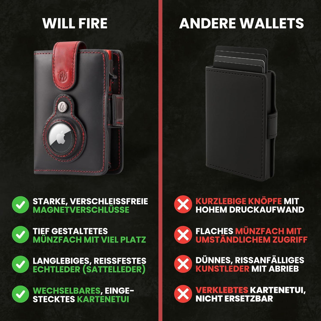 Will Fire® AirTag Wallet | Inkl. Airtag Anhänger | Leder Geldbörse mit Münz- &amp; Scheinfach | Extra ge
