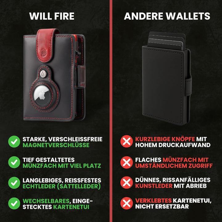 Will Fire® AirTag Wallet | Inkl. Airtag Anhänger | Leder Geldbörse mit Münz- &amp; Scheinfach | Extra ge