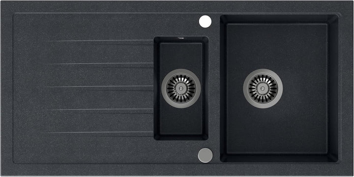 VBChome Spülbecken mit Armatur 100 x 50 cm Einzelbecken Schwarz Granit Rechteckig Reversibel Einbaus
