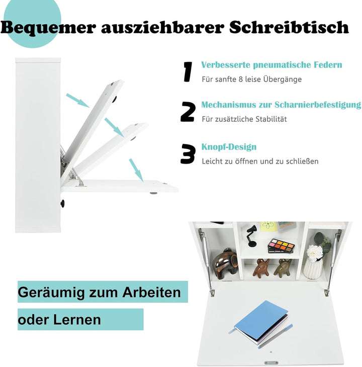 FANTASK Schreibtisch, klappbarer Computertisch mit Ablagefächern & Schublade, Wandklapptisch, Wandti