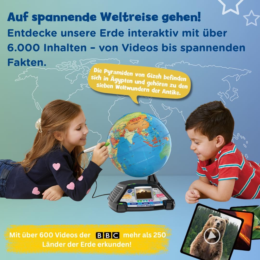 VTech Interaktiver Videoglobus – Weltkugel mit Bildschirm, akustischen und visuellen Lerninhalten (d