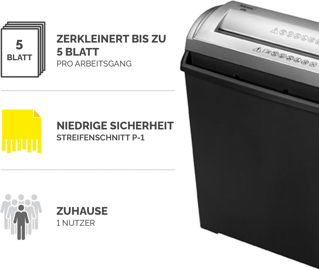 Fellowes FS-5S Aktenvernichter, 5 Blatt, Streifenschnitt, Sicherheitsstufe P1, Papiervernichter für