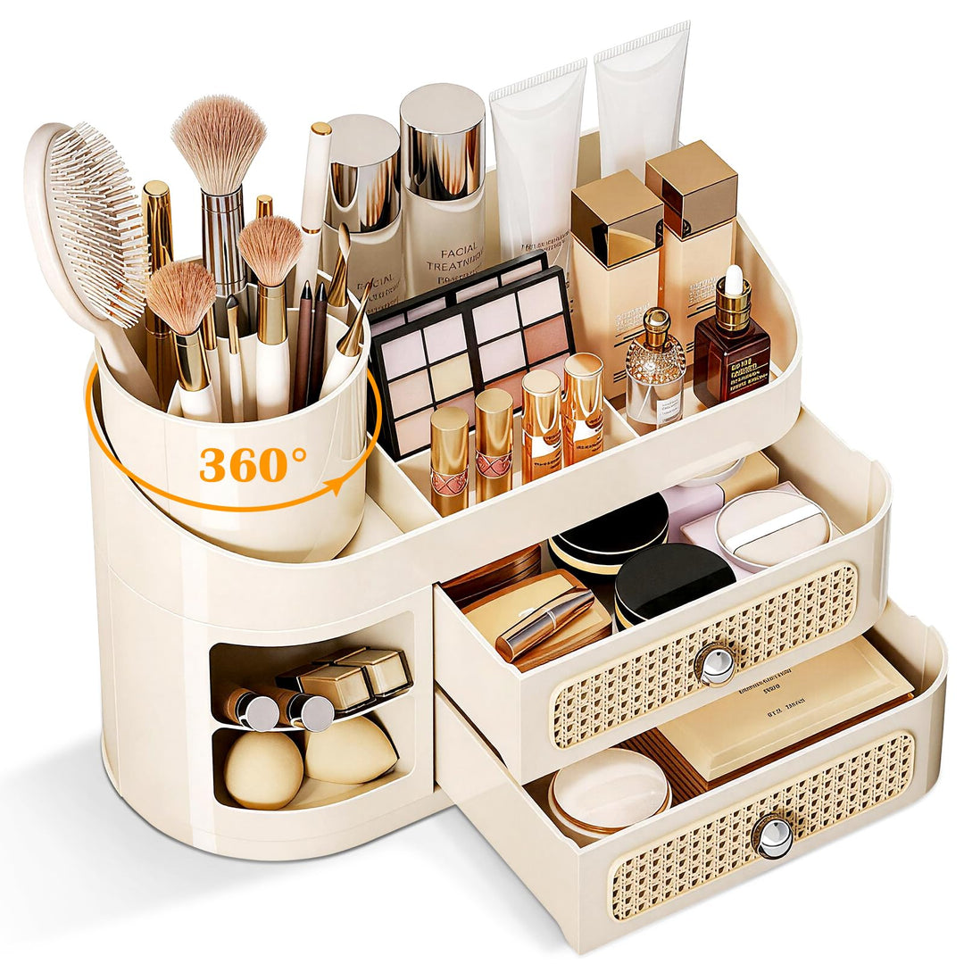 Make Up Organizer mit 360° Drehbar Abnehmbar Pinselhalter - Schminktisch Organiser Kosmetik Box mit