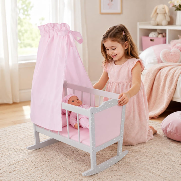 Bayer Chic 2000 - Puppenwiege, Wiege für Puppen, Puppenbett, Puppenmöbel, Puppenzubehör, Puntos grau