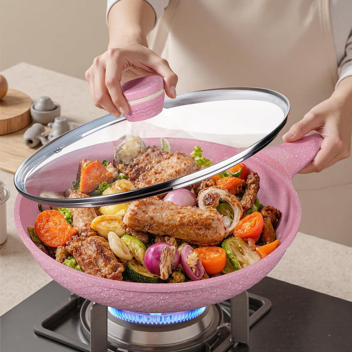 DYGG Antihaft Bratpfanne 26 cm mit Glasdeckel, Granitbeschichtung für fettfreies Braten, 100% frei v