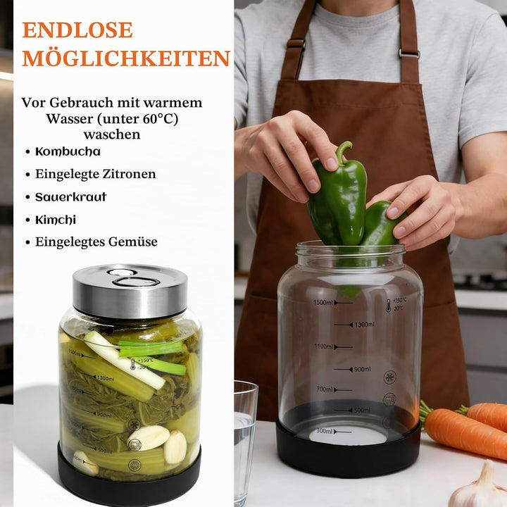IIRC 1,5L Fermentierglas, Fermentiergläser mit Doppeltem Gärventil, Für Sauerkraut, Kimchi, Gurken u