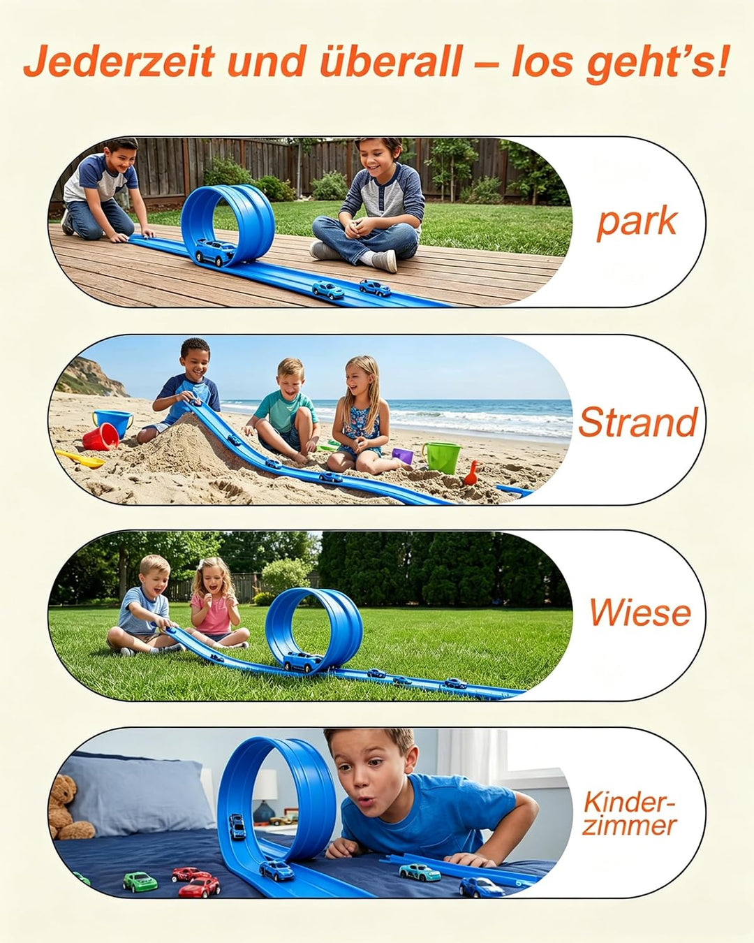 Flexible 3-Spur-Rennbahn für Kinder, 5 m lange aufrollbare Rennbahn mit 6 Autos, batterieloses Set o