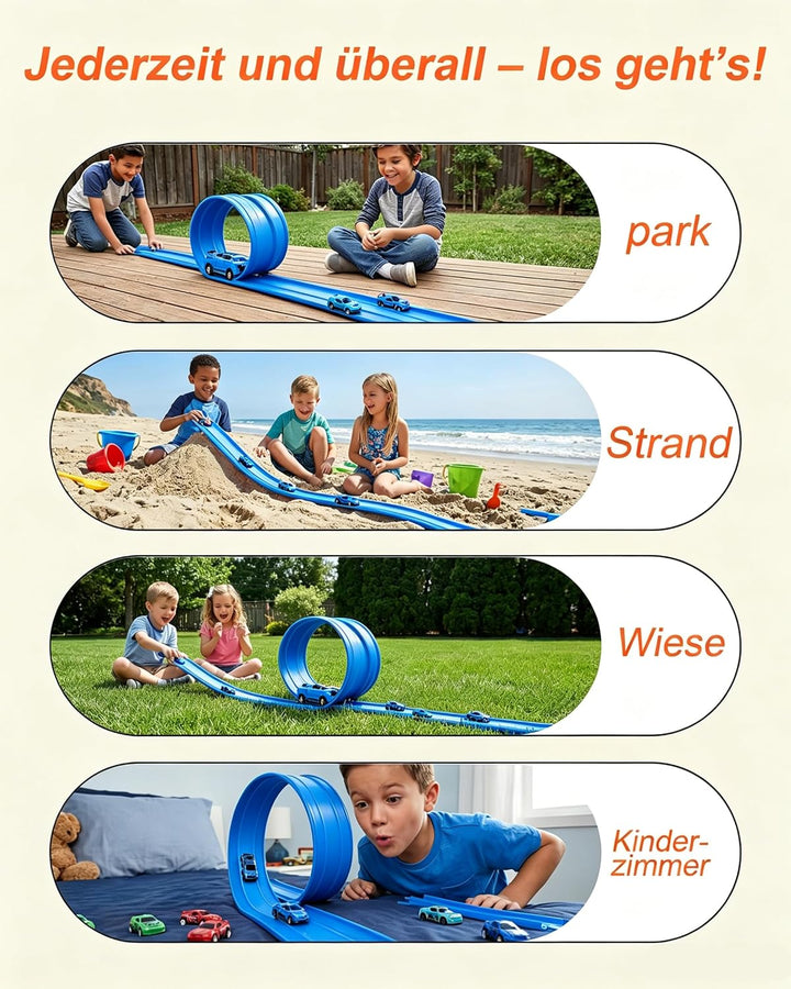 Flexible 3-Spur-Rennbahn für Kinder, 5 m lange aufrollbare Rennbahn mit 6 Autos, batterieloses Set o