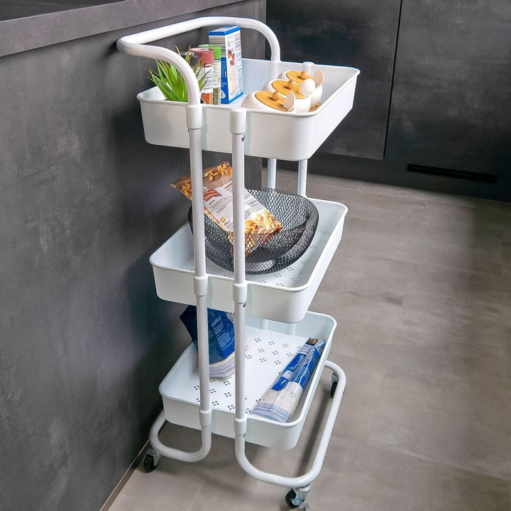 INTIRILIFE Rollwagen mit 3 Ebenen in Weiss - 42 x 37 x 85.5 cm - Servierwagen mit Griff Aufbewahrung
