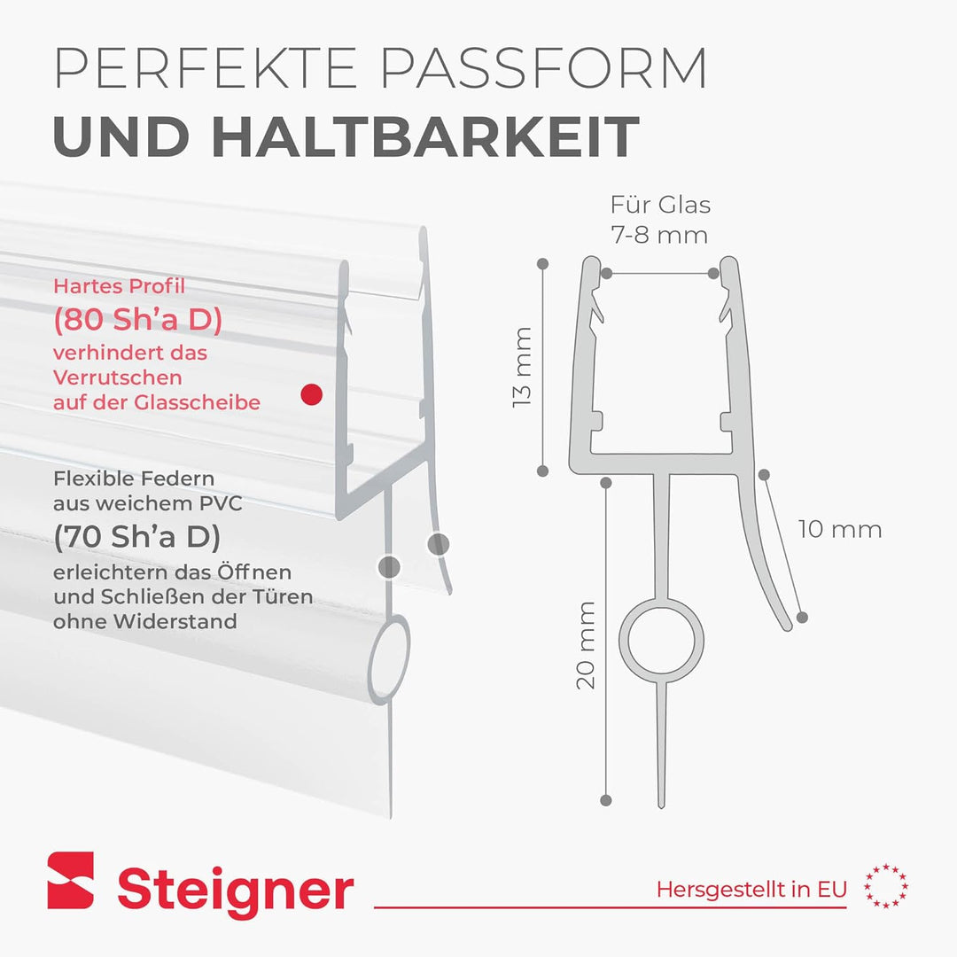 STEIGNER Duschdichtung, 120cm, Glasstärke 7/8 mm, Gerade PVC Ersatzdichtung für Dusche, UK22-08 Stär