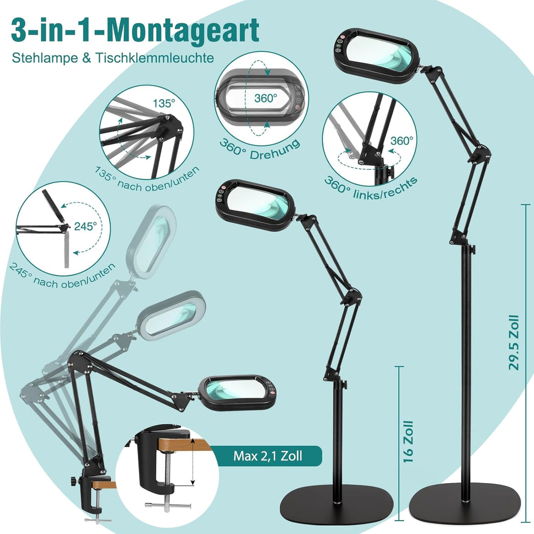 10X Lupe mit Licht und Ständer, 3-in-1 Lupen-Stehleuchte, 5 Farbmodi Dimmbar lupenlampe, leselupe fü