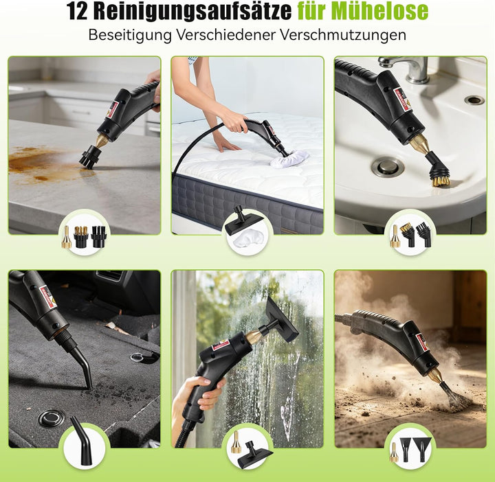 Dampfreiniger Handgerät für Alles, 3-stufig einstellbarer Dampfreiniger, mit 14 Zubehör, 15 Sekunden