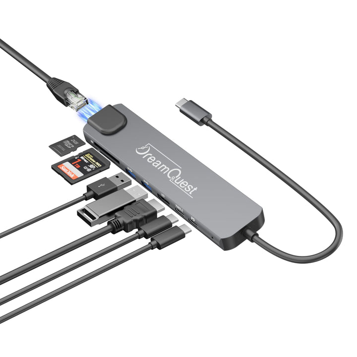 DreamQuest USB-C Hub 8-in-1 mit 100Mbps LAN-Anschluss, 4K HDMI, PD 65W, USB 3.0/2.0, SD/TF Kartenles