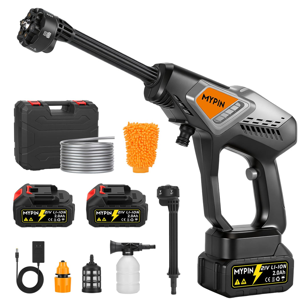 MYPIN Tragbarer Kabelloser Hochdruckreiniger, 600 PSI 21V Akku-Hochdruckreiniger, 6-in-1-Düse mit 2