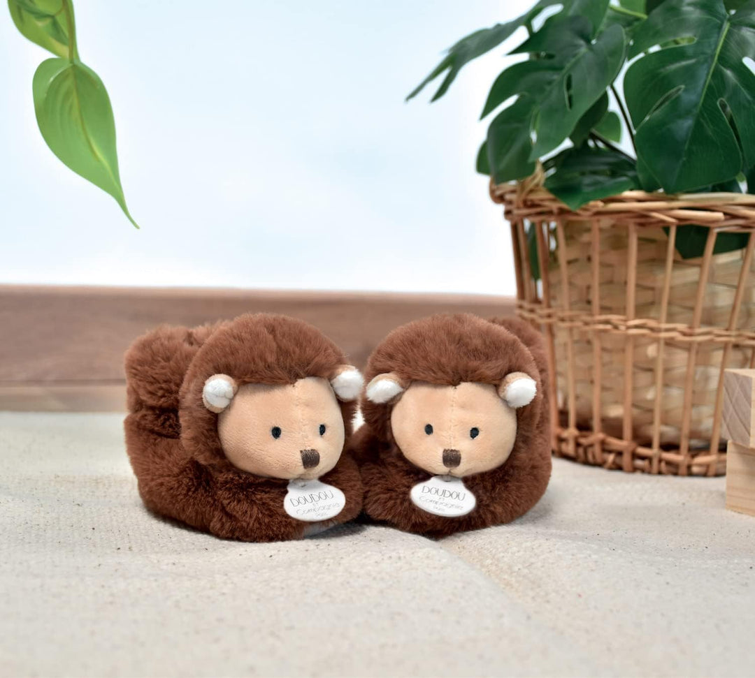 Doudou et Compagnie – Hausschuhe Igel – Unicef – Braun – offene Box – integrierte Rassel – Geschenki