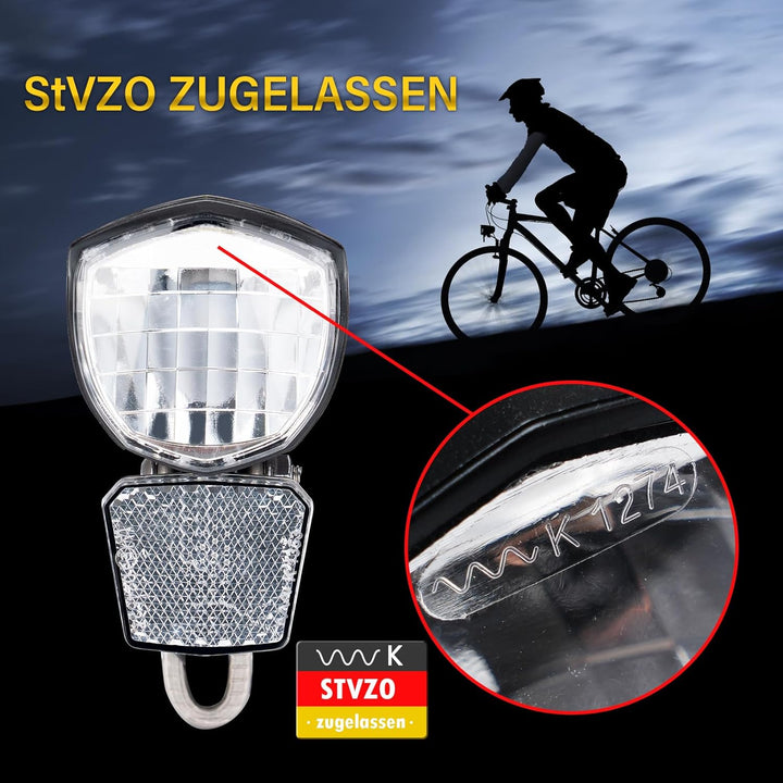 E-Bike Dynamo LED Fahrradlicht 30-100 LUX mit StVZO Zulassung - Fahrradlampe Frontlicht & Scheinwerf