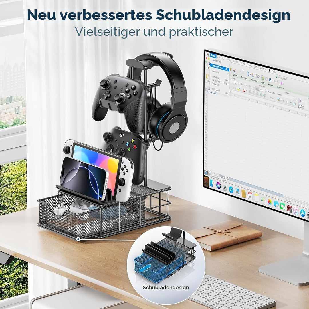KDD Gaming Headset Halterung mit Schublade - Universal Controller Halter & Kopfhörer Ständer mit Kab