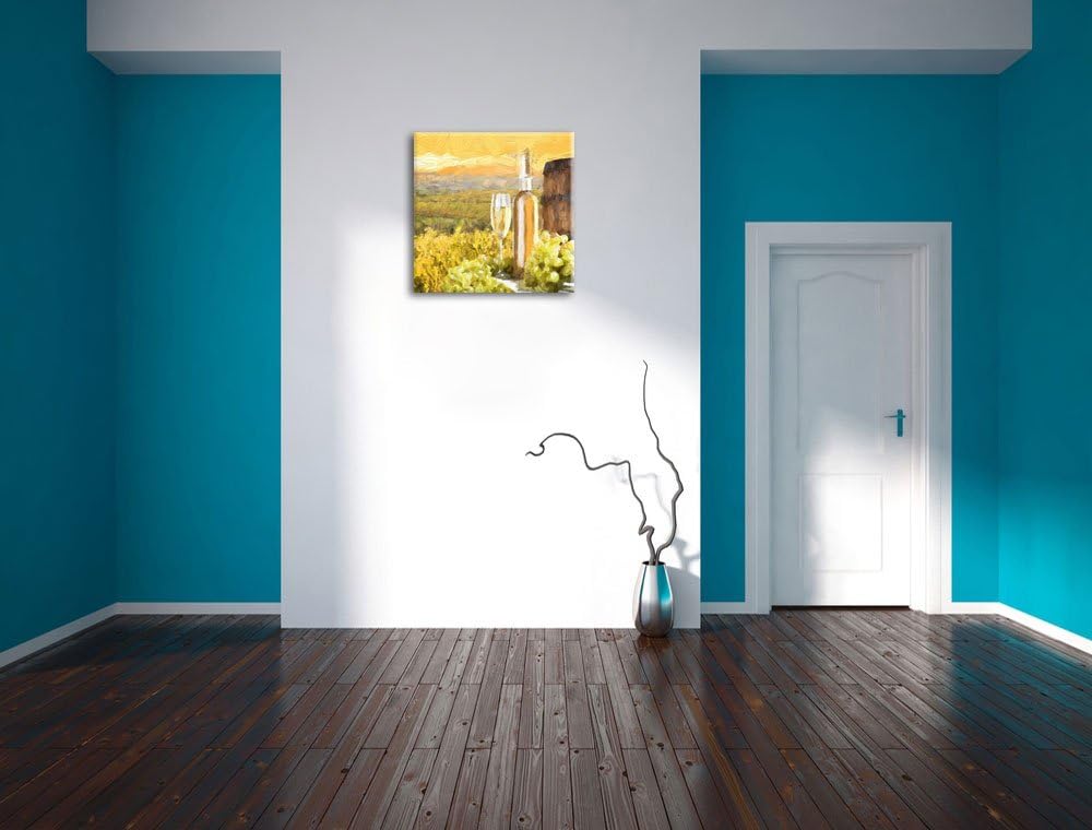 Pixxprint Weinreben mit Weinflasche und Fass Pinsel Effekt, Format: 70x70 auf Leinwand, 70x70
