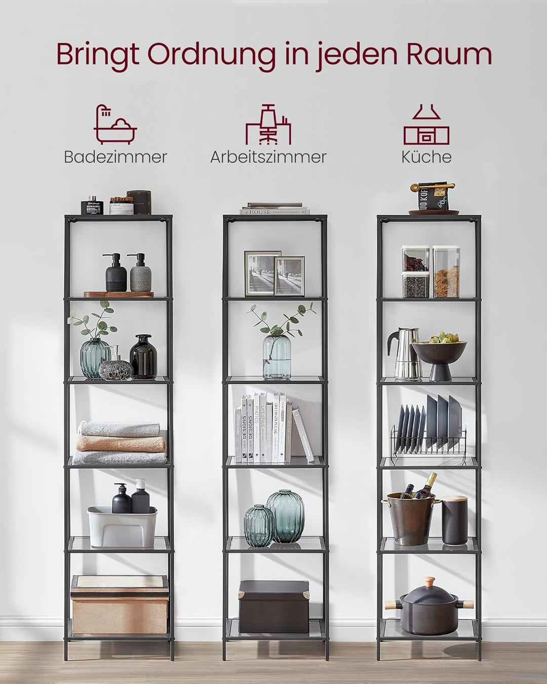 VASAGLE Badregal mit 6 Ablagen, gehärtetes Glas, einfache Montage für Badezimmer, Wohnzimmer, Küche,