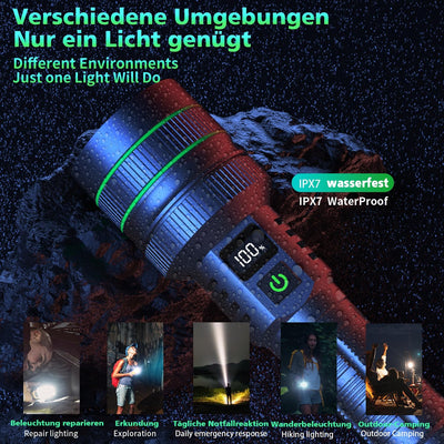 ASORT Taschenlampe LED Aufladbar Extrem hell 200000 Lumen, supergrosse Blende zoombare，Batteriebetri