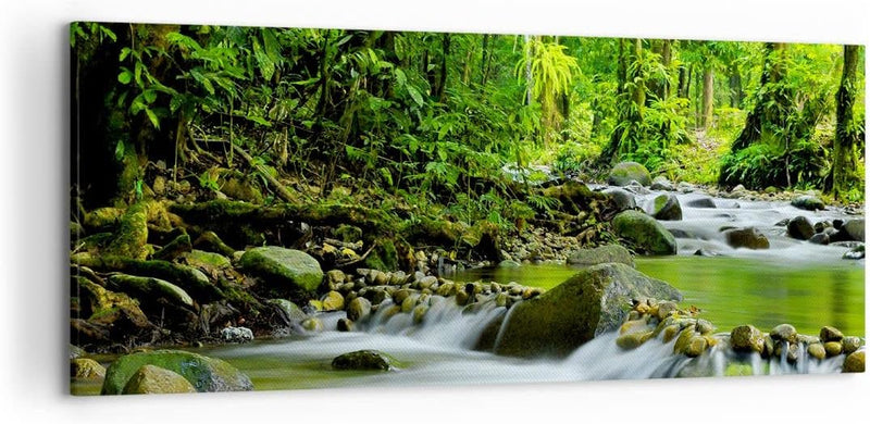 Wandbilder Dekoration Wohnzimmer Stream Wald Natur Panorama Bilder auf Leinwand 120x50cm Leinwandbil