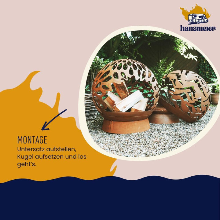 Feuerkorb Feuerschale - Feuerkugel abnehmbar - mit Einschuböffnung - 52 x 52 x 40 cm- Hypnotische Re