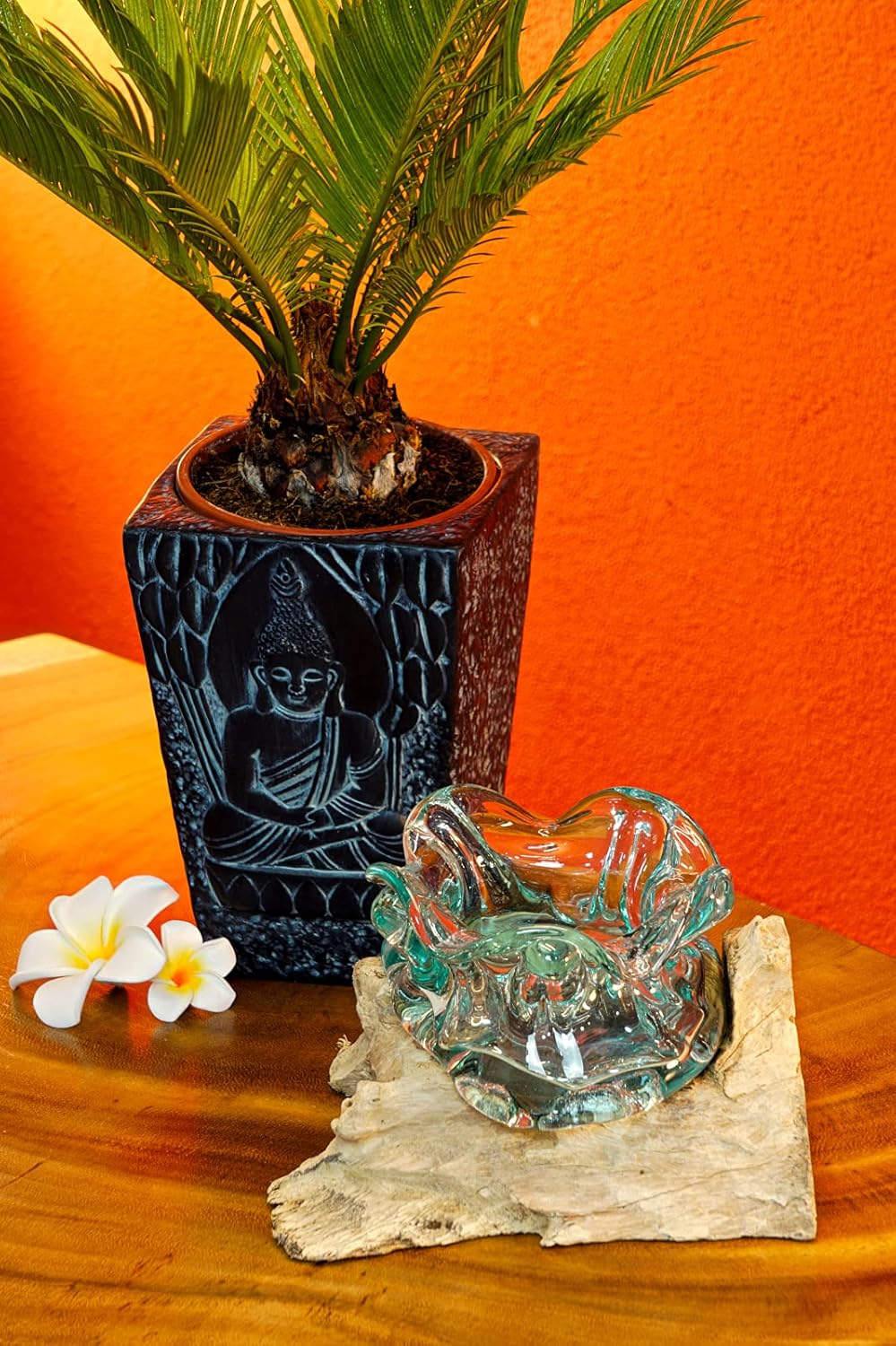 Kinaree Geschmolzenes Glas auf Wurzelholz - Glasschale auf Wurzel - Teak Holz mit Glasvase oder Scha