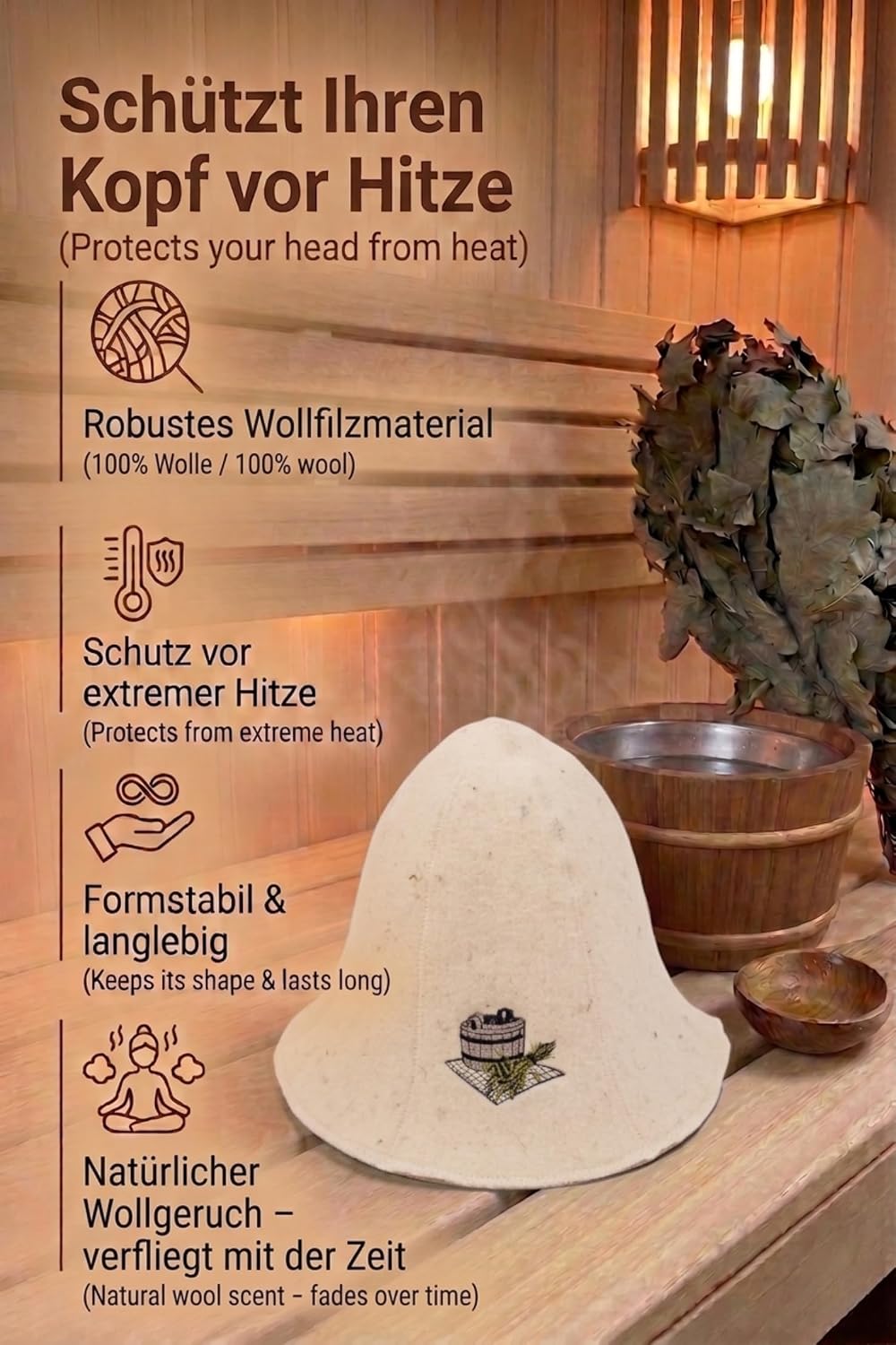 Ger3as Saunahut 100% Wolle mit Stickerei für Damen und Herren, Wellness Mütze Premium Qualität Bad S