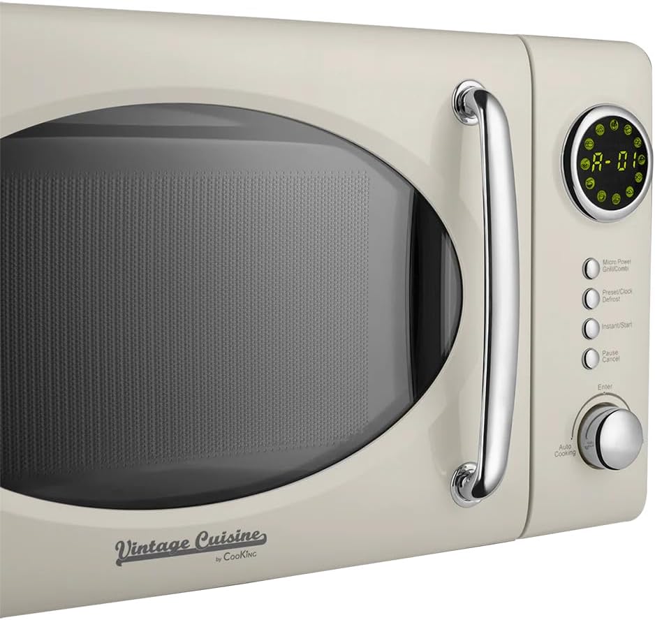 Vintage Cuisine Retro-Mikrowelle mit Display, 700W, 16L, Grillfunktion, Abtaufunktion, Metall, Glas-
