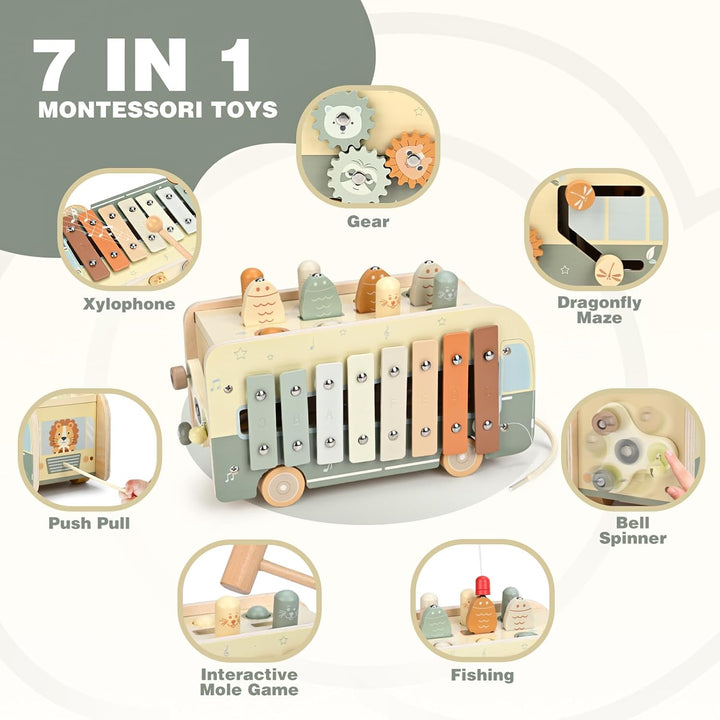 Vanplay Montessori Spielzeug ab 1 Jahr, 7 in 1 Hammerspiel Angelspiel Magnet Holzspielzeug Motoriksp