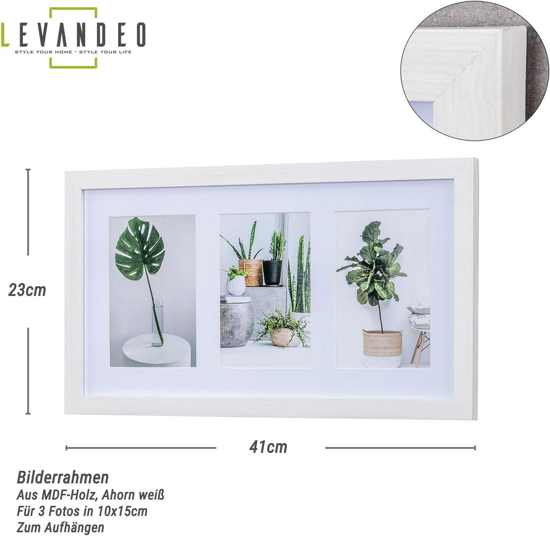 levandeo Bilderrahmen Collage 3 Fotos 10x15cm Ahorn Weiss MDF Holz Passepartout Glasscheibe Fotorahm
