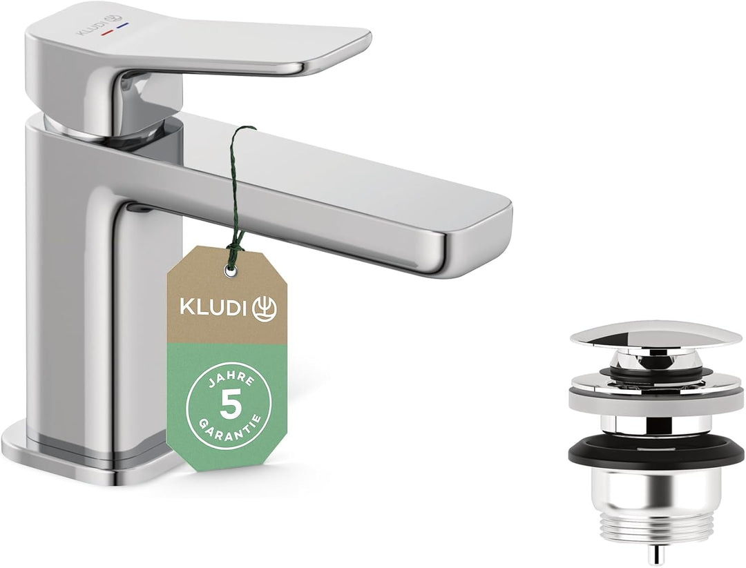KLUDI-X3 Waschtischarmatur mit Push-Open Ablaufgarnitur, Auslaufhöhe 85 mm, wassersparender Wasserha