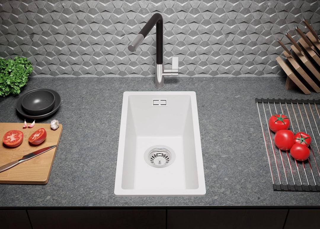 PRIMAGRAN Granitspüle Weiss 26x47cm, Granitspüle 1 Becken + Ablauf-Set, Küchenspüle ab 30er Untersch