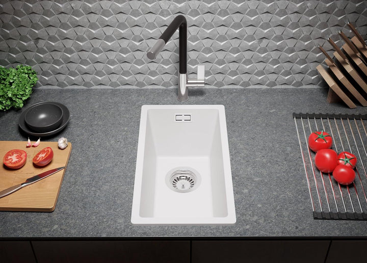 PRIMAGRAN Granitspüle Weiss 26x47cm, Granitspüle 1 Becken + Ablauf-Set, Küchenspüle ab 30er Untersch