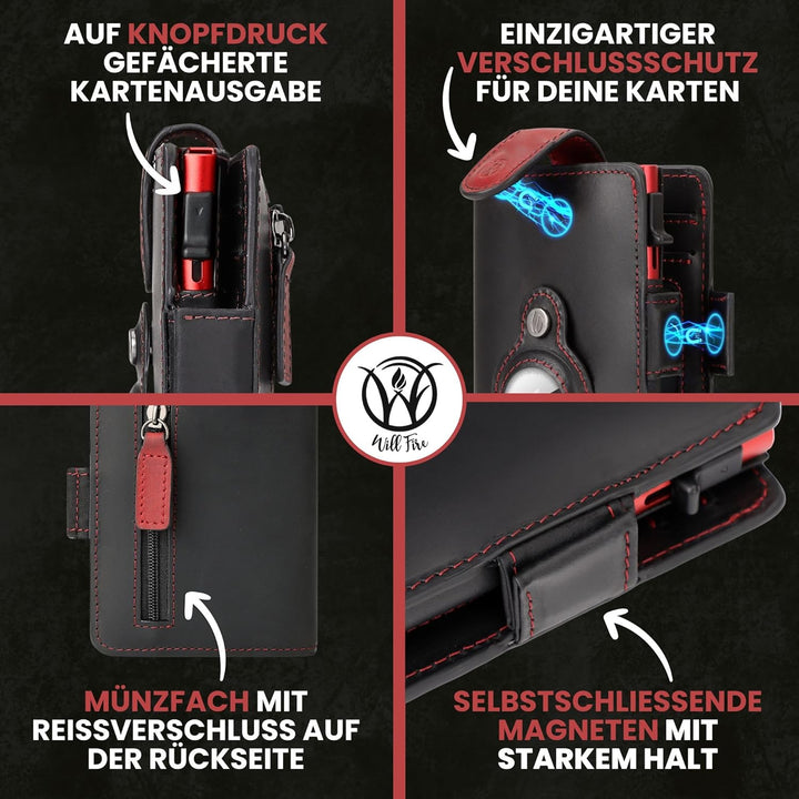 Will Fire® AirTag Wallet | Inkl. Airtag Anhänger | Leder Geldbörse mit Münz- &amp; Scheinfach | Extra ge