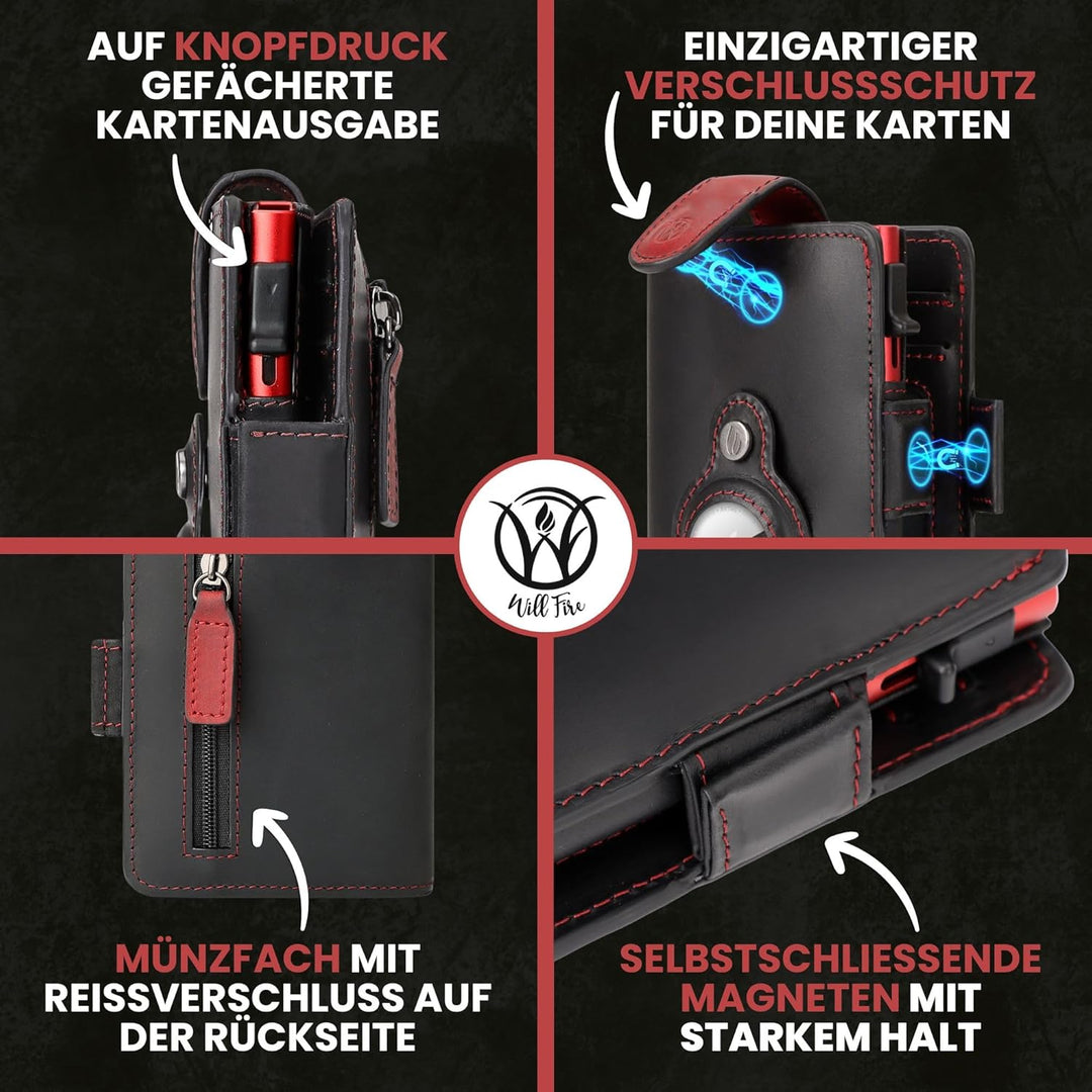 Will Fire® AirTag Wallet | Inkl. Airtag Anhänger | Leder Geldbörse mit Münz- &amp; Scheinfach | Extra ge