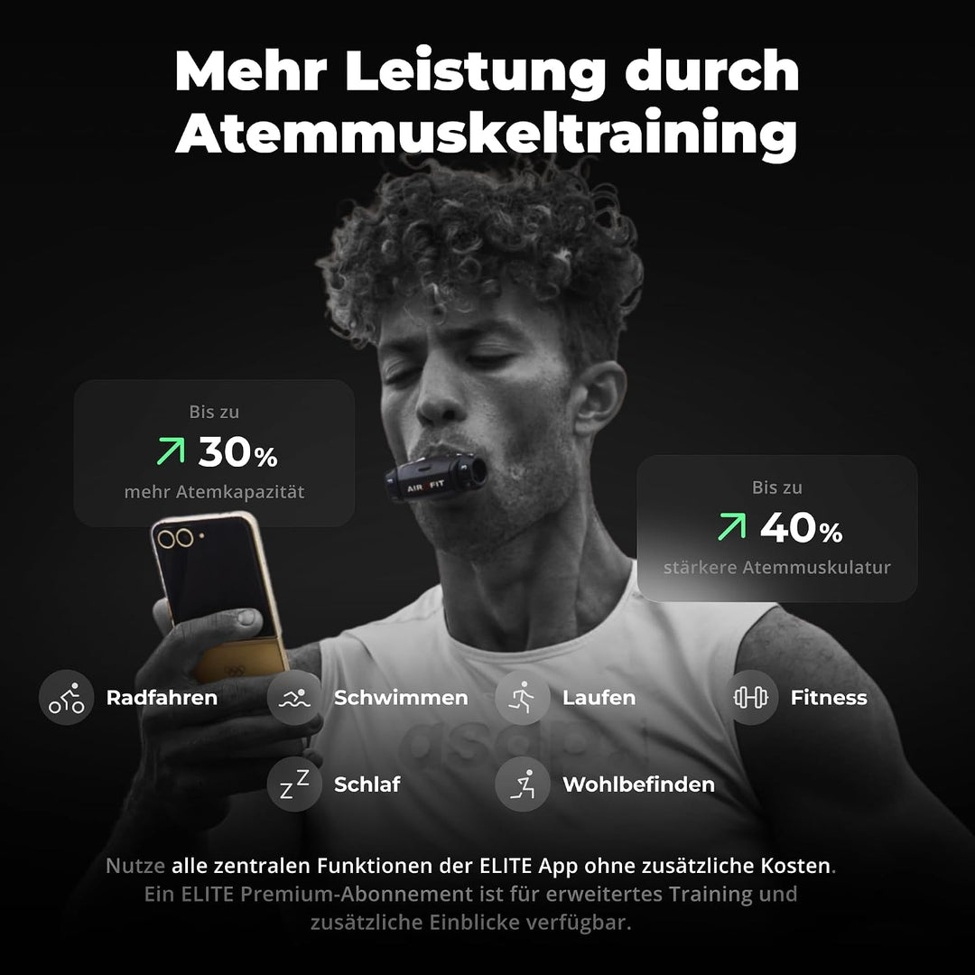 Airofit Elite Atemtrainer – Einstellbarer Widerstand fürs Training | Tragbar; Widerstandsräder; App-