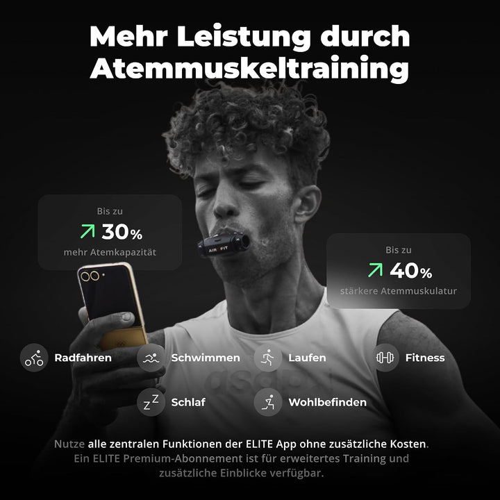 Airofit Elite Atemtrainer – Einstellbarer Widerstand fürs Training | Tragbar; Widerstandsräder; App-