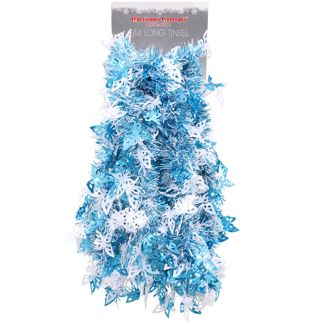 Christmas Concepts® 3m Blau & Weiss Lametta mit Schmetterlingen - Weihnachtsschmuck Blau & Weiss mit