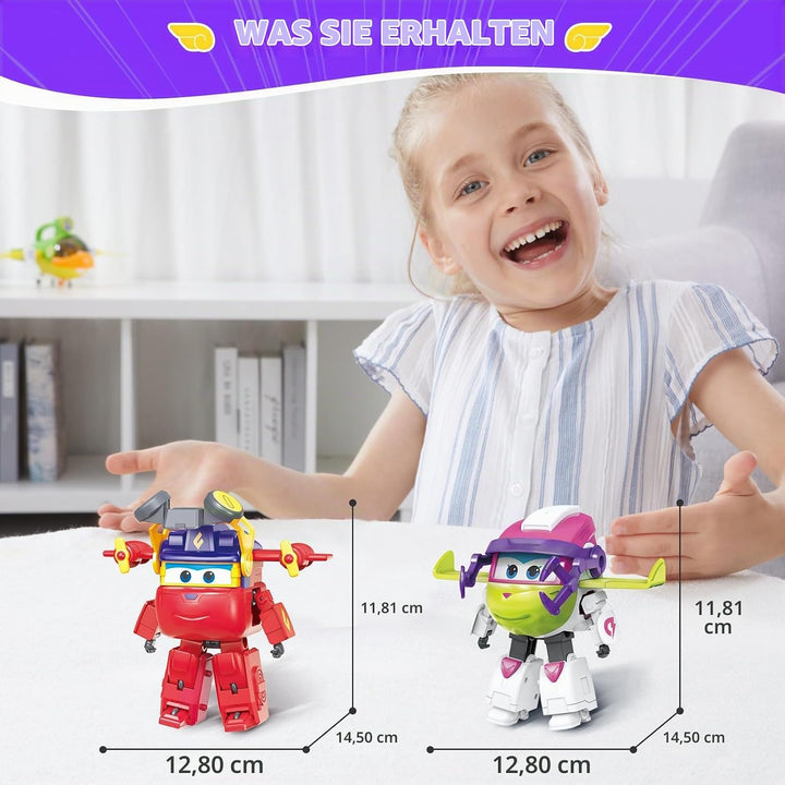 Super Wings Verwandelbares Spielzeug 2PCS Curie &amp; Runi, 2-in-1-Actionfiguren, Roboter-Spielzeug für
