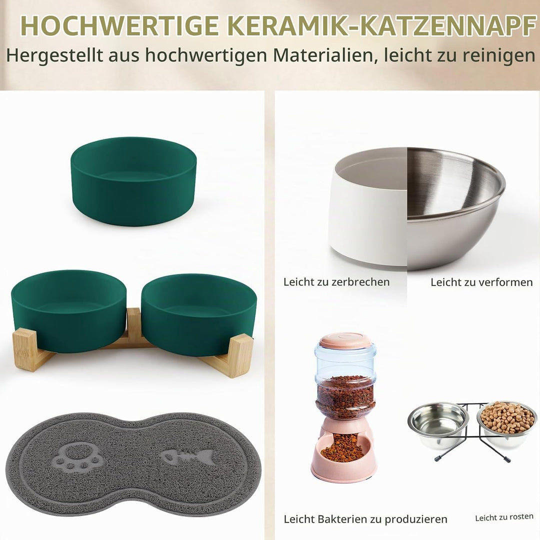 Katzennapf, 2 Stück Keramik Futternapf Katze Set, 3-in-1 rutschfeste Katzennäpfe mit Holzstände und