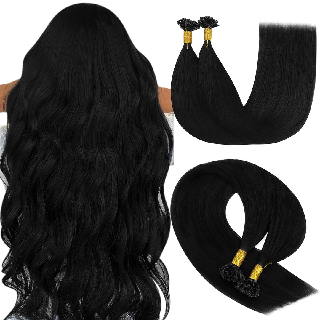 YoungSee Bonding Extensions Echthaar Schwarz 40 cm Glatt U Tip Hair Extensions Schwarz Glanzend Kera