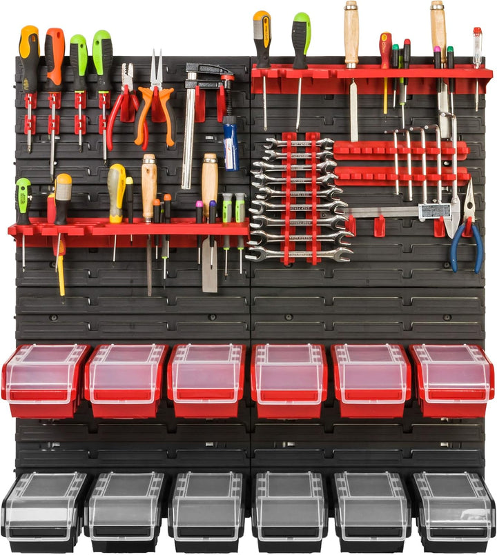 Lagersystem Werkstattregal | 78 x 78 cm | 12 stck. Box | Wandregal mit Werkzeughalterungen und Stape