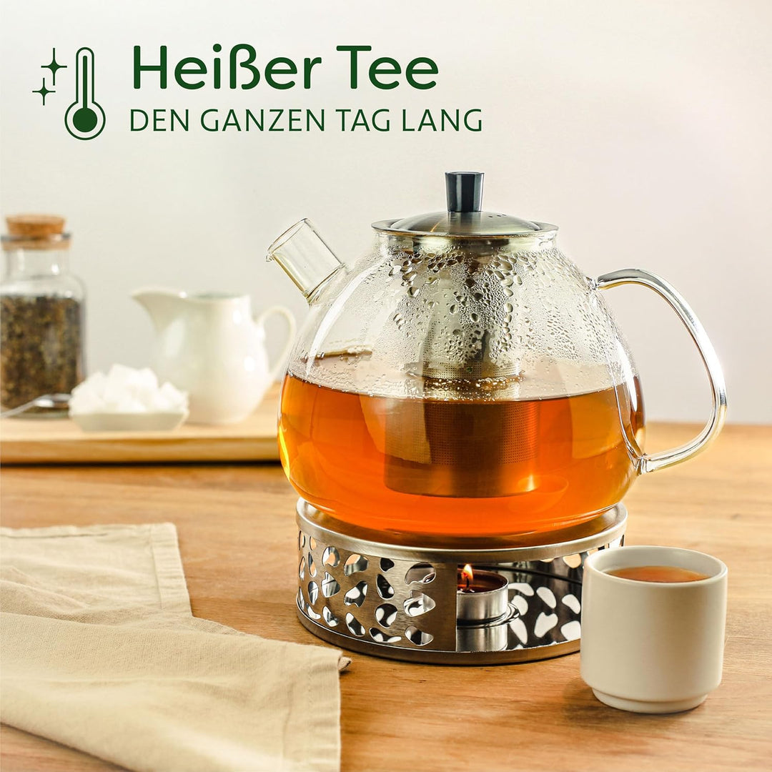 Cosumy Teekanne mit Sieb und Stövchen - 1,5 Liter - Hält lange warm - Spülmaschinenfest - Glas Teebe