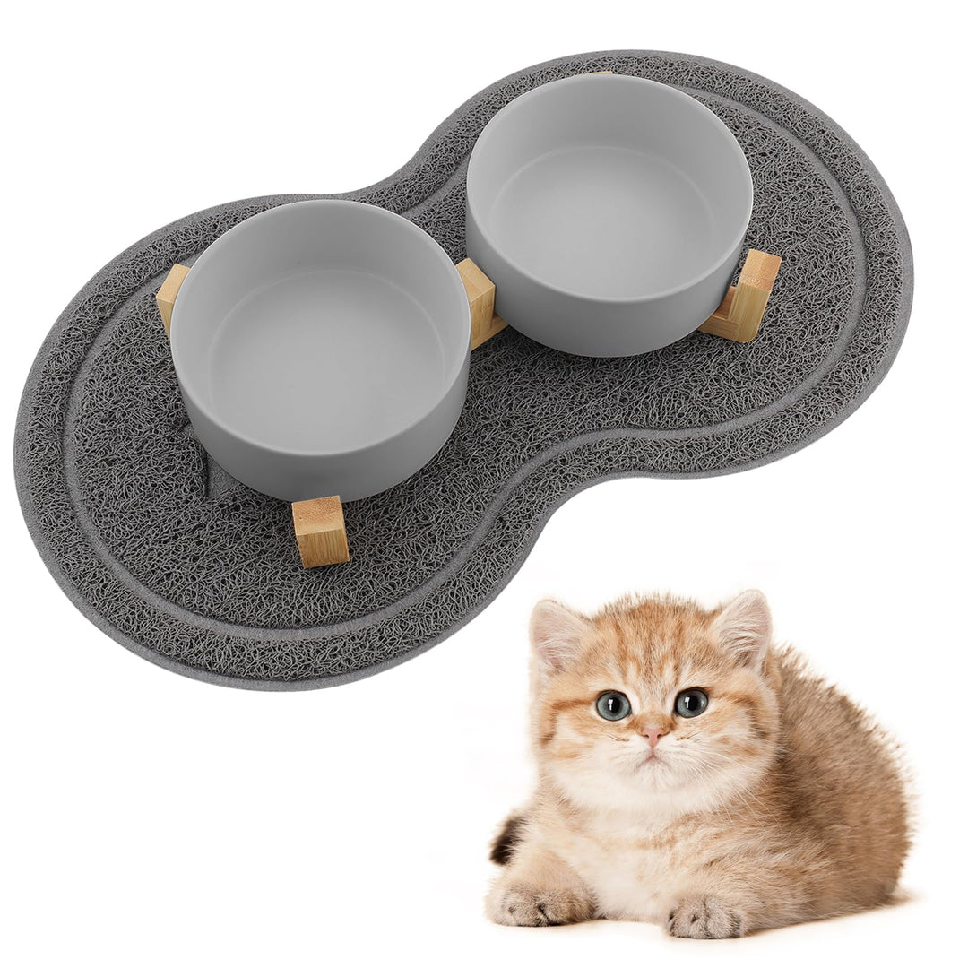 Katzennapf, 2 Stück Keramik Futternapf Katze Set, 3-in-1 rutschfeste Katzennäpfe mit Holzstände und