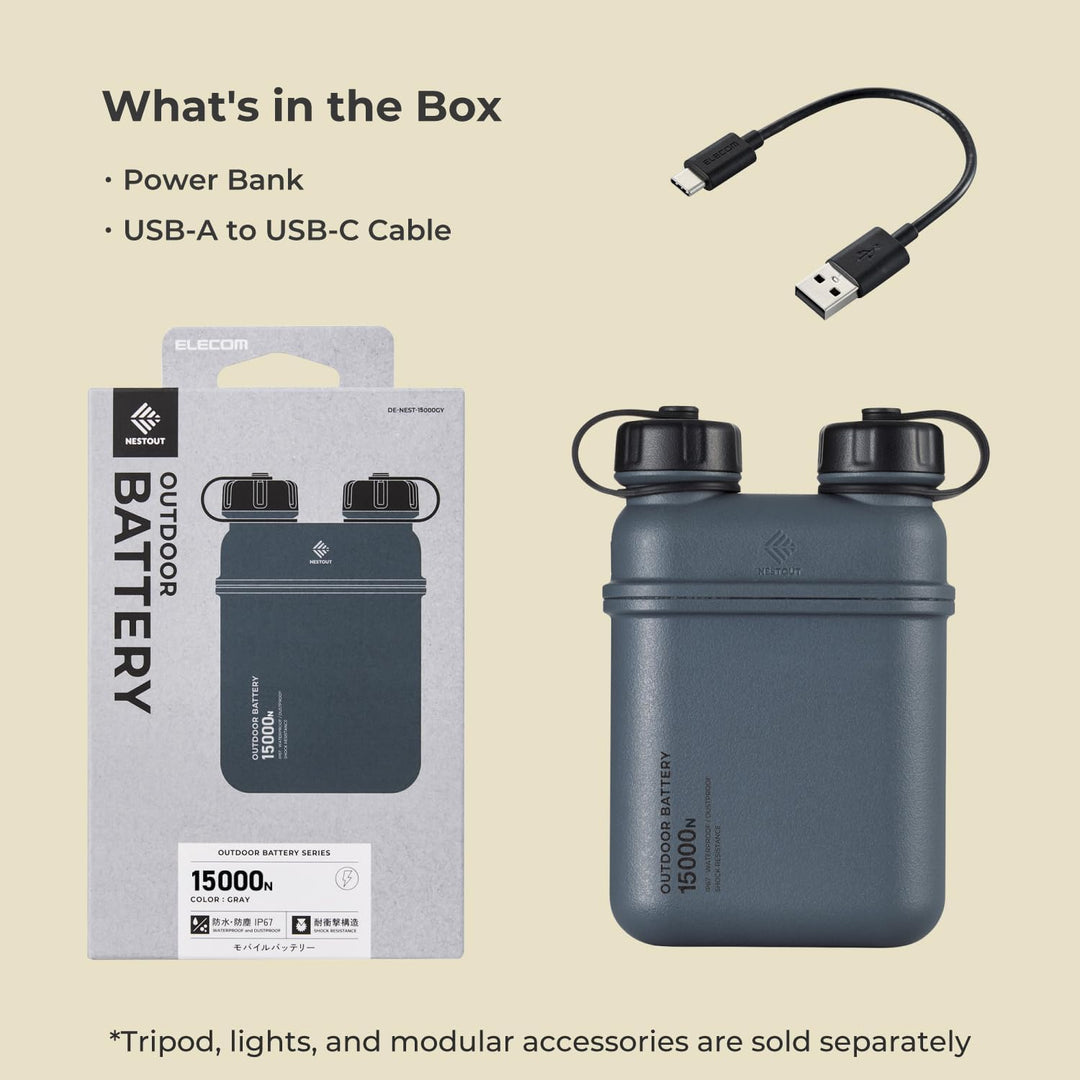 ELECOM NESTOUT Portable Charger, 15000mAh Outdoor Battery Power Bank, 32W USB-C Fast Charging PD, Wa