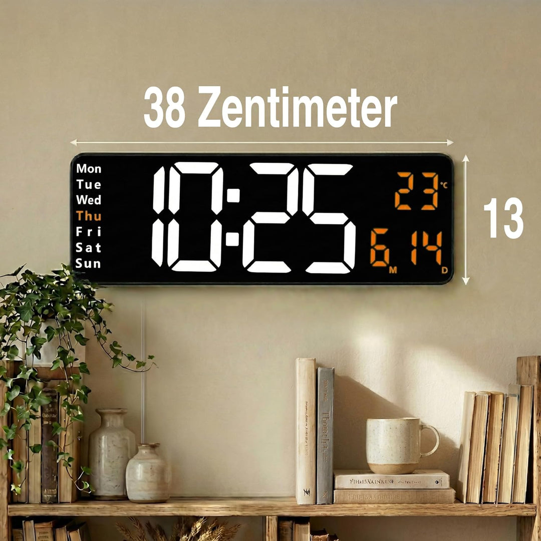 Opis Clock 1 XXL Weiss/Orange: Wanduhr Digital mit Temperaturanzeige, die Grosse Leuchtende LED Digi