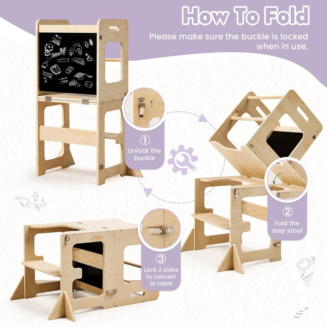 Labebe Lernturm für Kinder, Faltbarer Montessori Learning Tower, 3 in 1 Montessori Küchenhelfer Lern