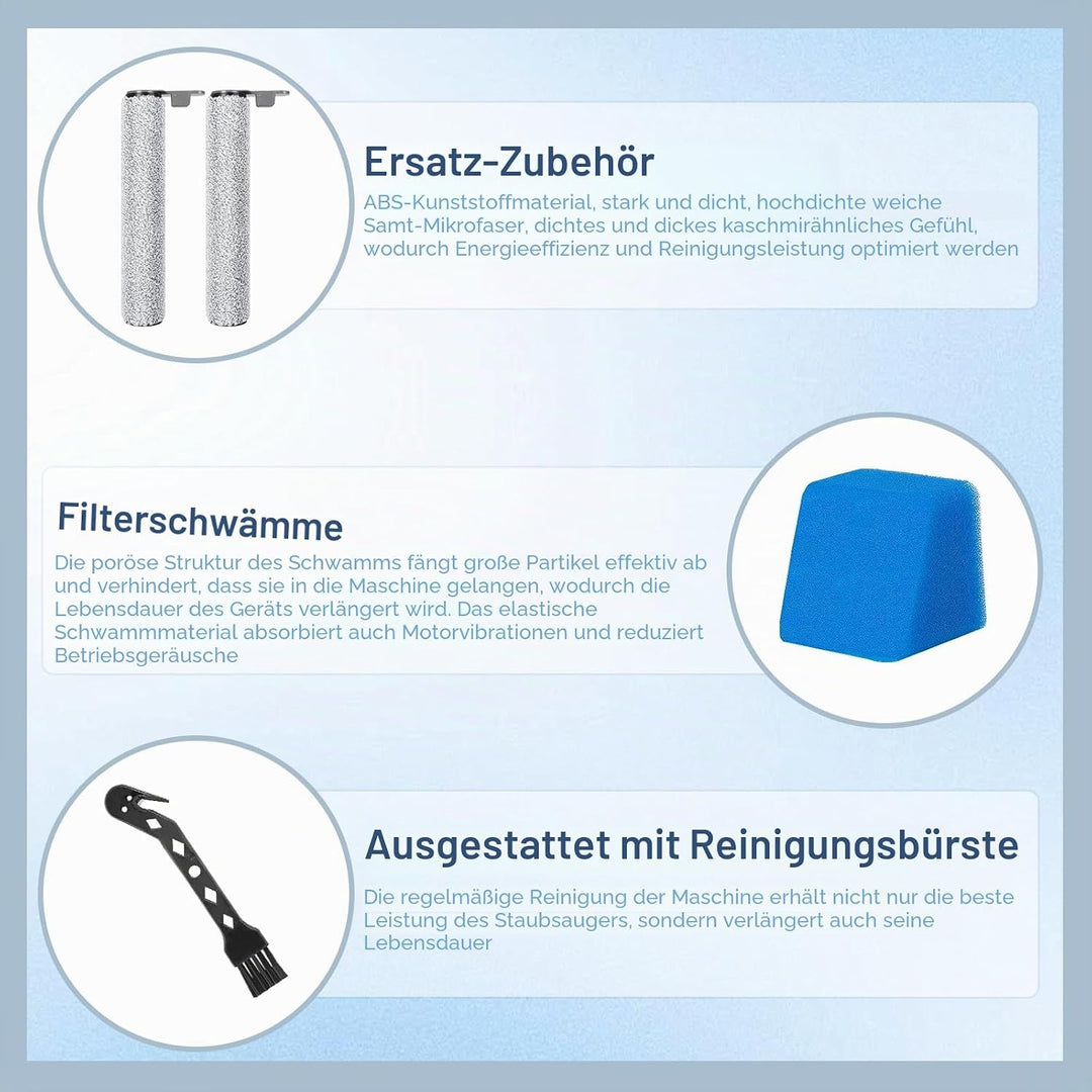 Zubehörset für Jonr ED12 Pro Nass Trockensauger Ersatzteile, 2 Bürstenrolle, 4 Schwamm Filter, 1 Rei