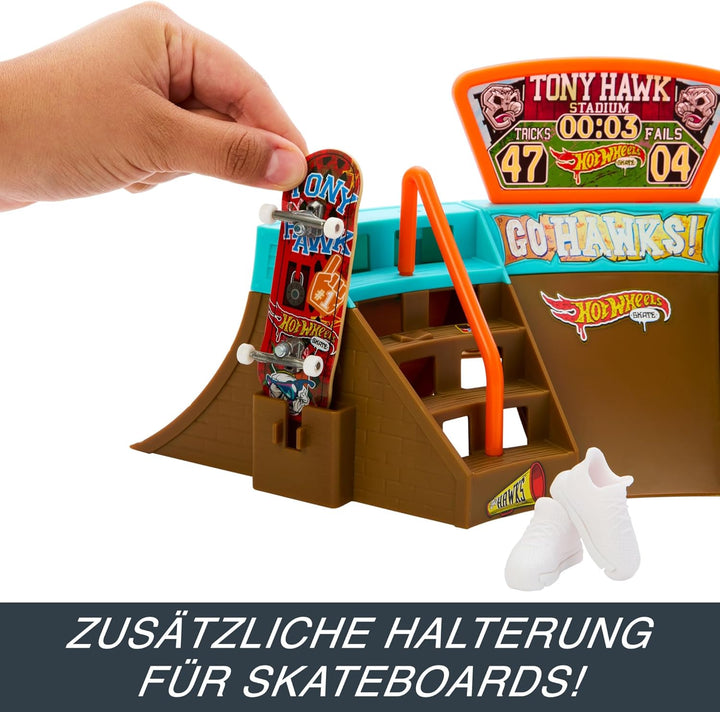Hot Wheels Skate Stadion Skatepark - 360-Grad-Design, Tony Hawk Fingerboard, abnehmbare Skateschuhe,
